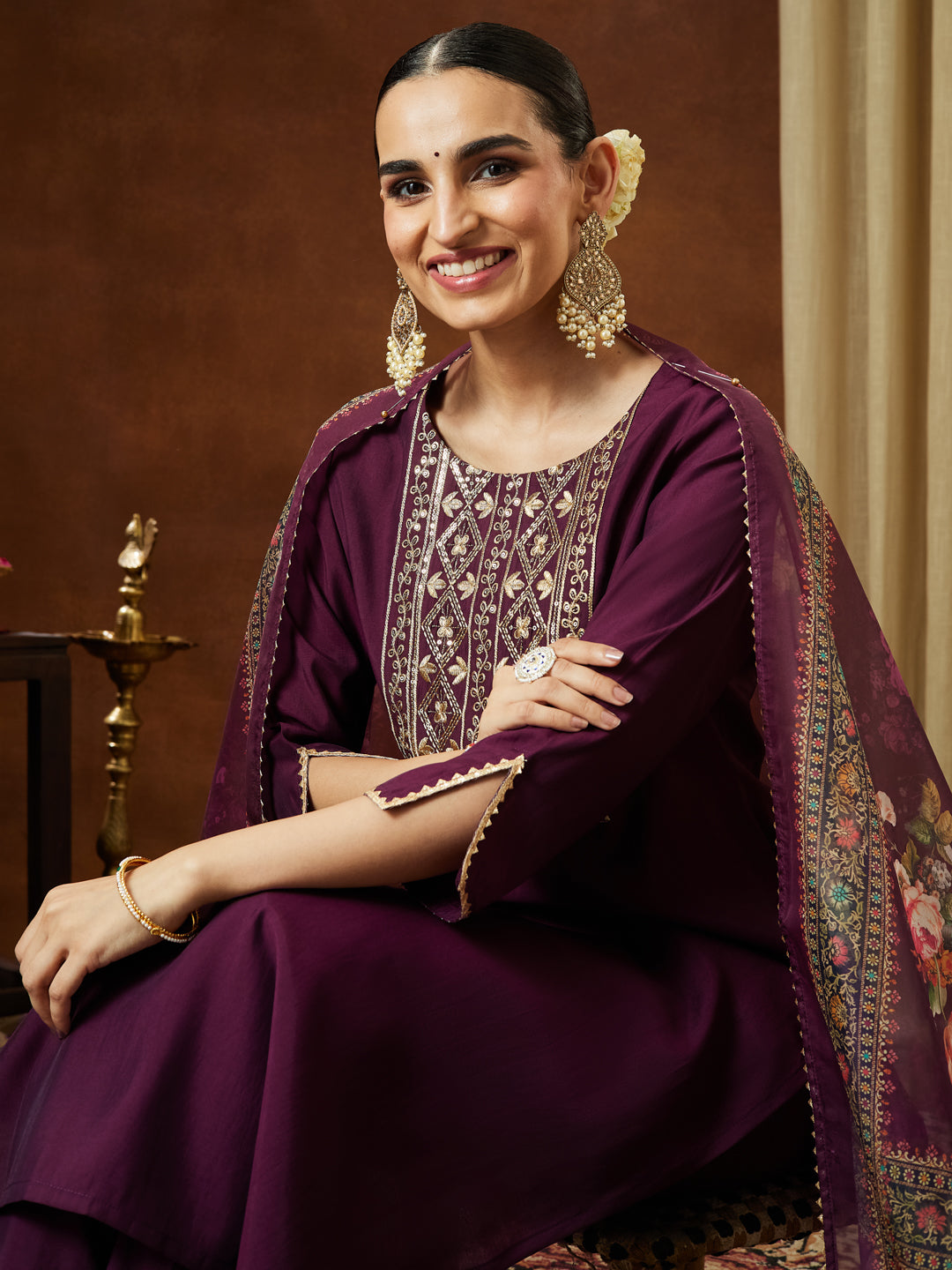Ninnique Women's Wine Chanderi Silk Yoke Embroidered Straight Kurta Set