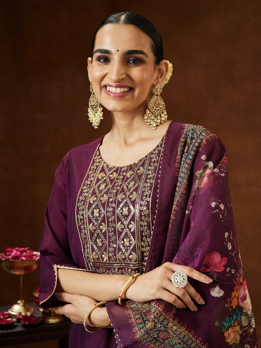 Ninnique Women's Wine Chanderi Silk Yoke Embroidered Straight Kurta Set