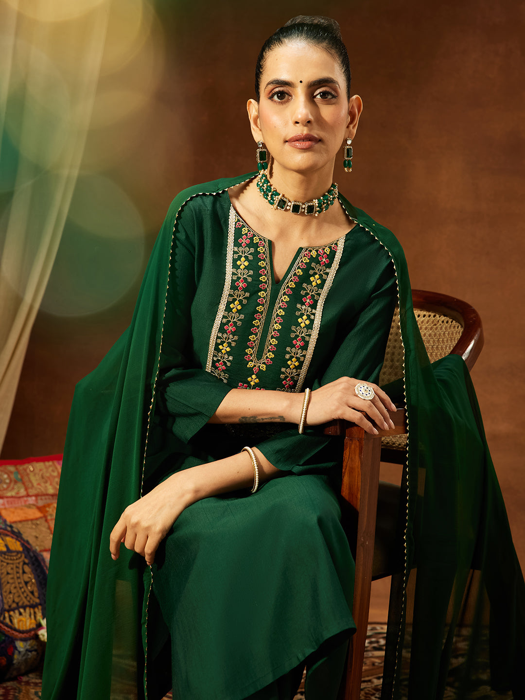 Ninnique Women's Bottle Green Silk Blend Yoke Embroidered Straight Kurta Set