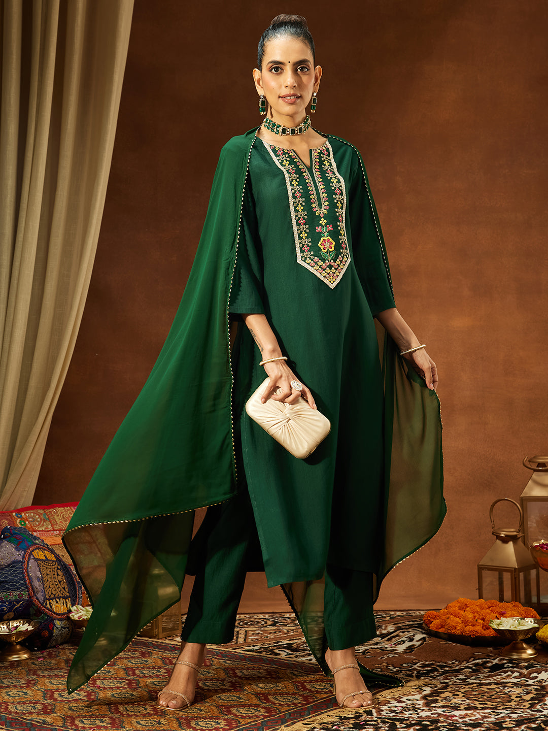 Ninnique Women's Bottle Green Silk Blend Yoke Embroidered Straight Kurta Set