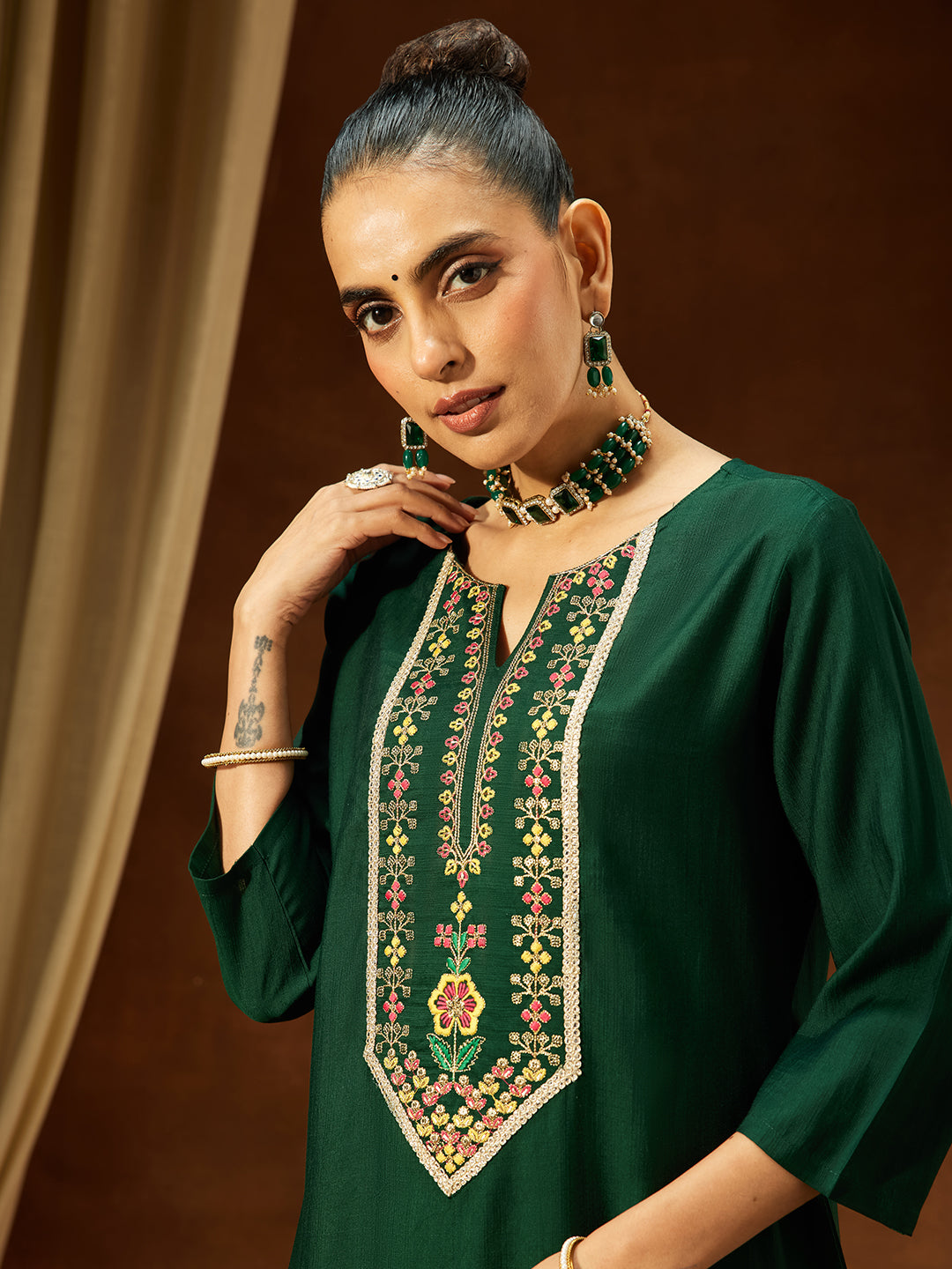 Ninnique Women's Bottle Green Silk Blend Yoke Embroidered Straight Kurta Set