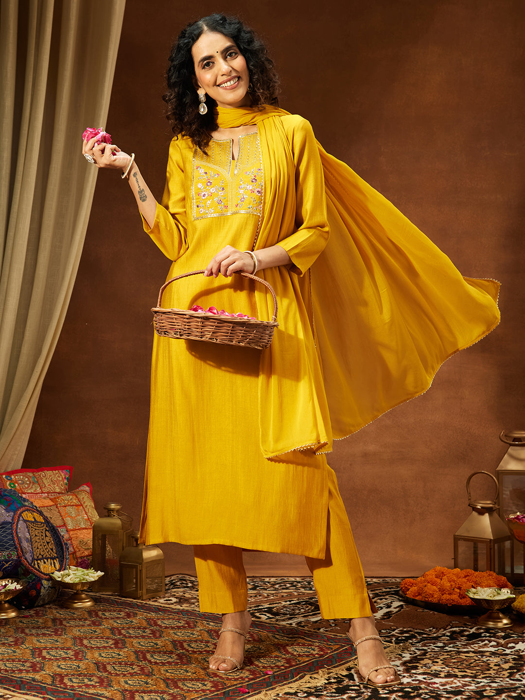 Ninnique Women's Mustard Silk Blend Yoke Embroidered Straight Kurta Set