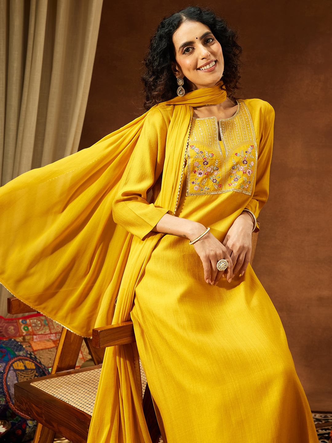 Ninnique Women's Mustard Silk Blend Yoke Embroidered Straight Kurta Set