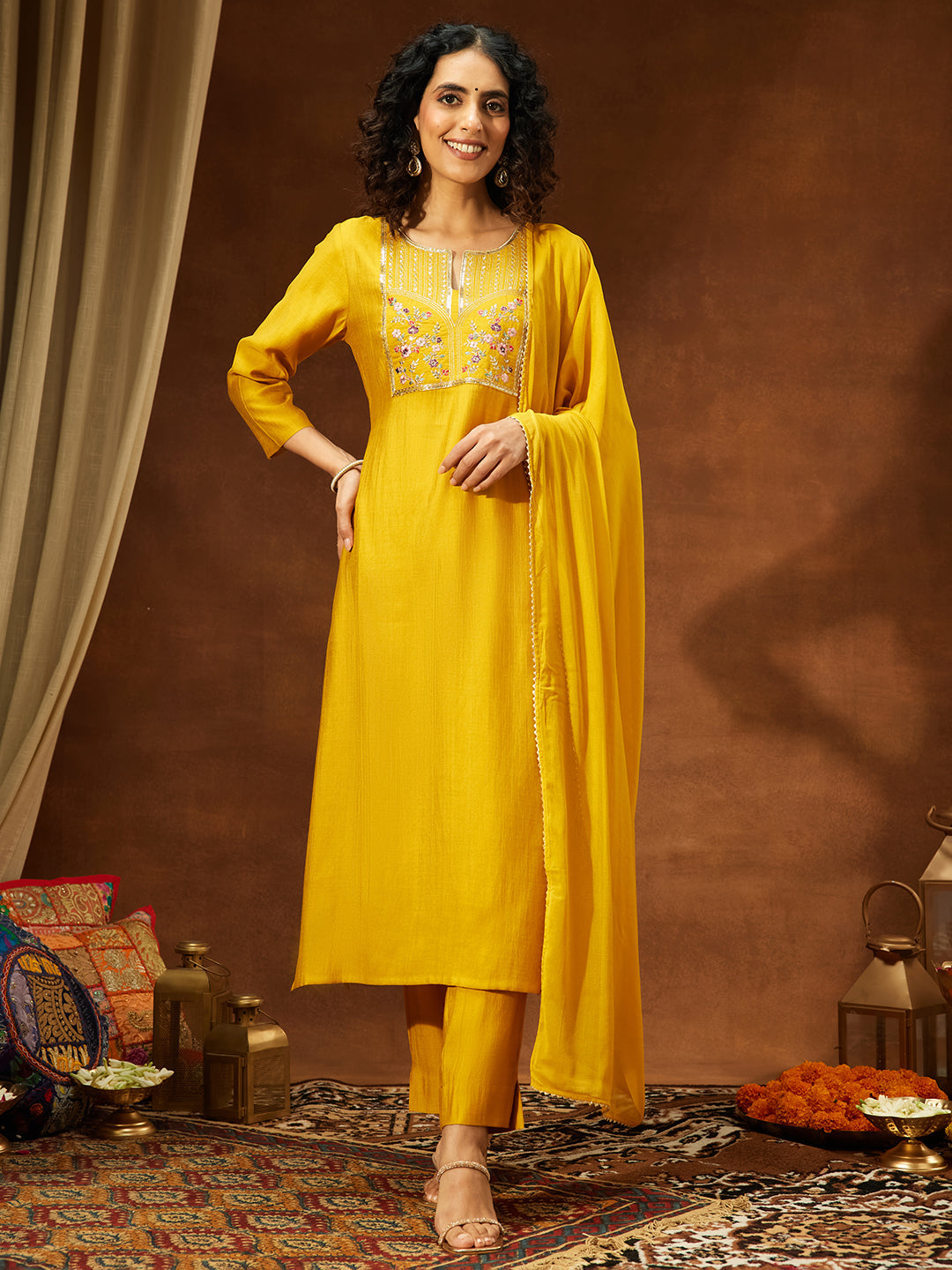 Ninnique Women's Mustard Silk Blend Yoke Embroidered Straight Kurta Set