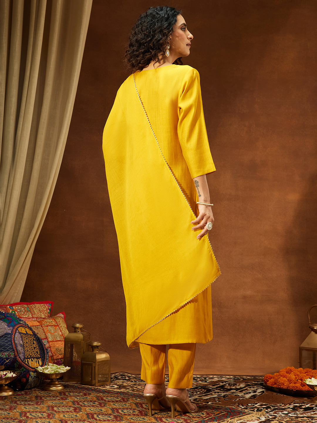 Ninnique Women's Mustard Silk Blend Yoke Embroidered Straight Kurta Set