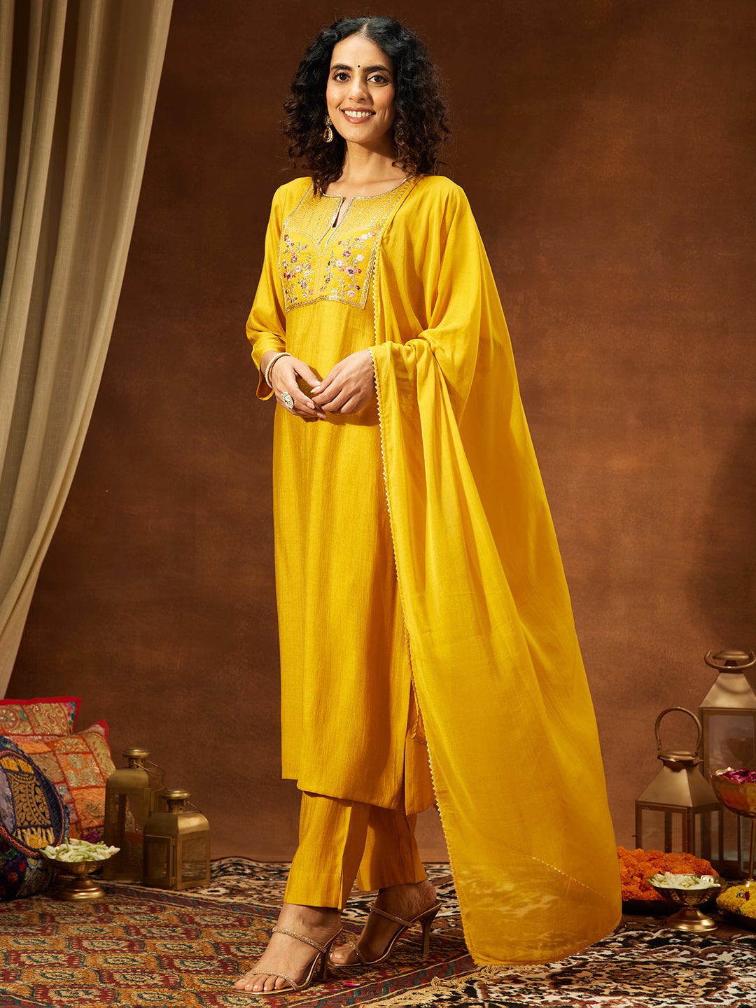 Ninnique Women's Mustard Silk Blend Yoke Embroidered Straight Kurta Set