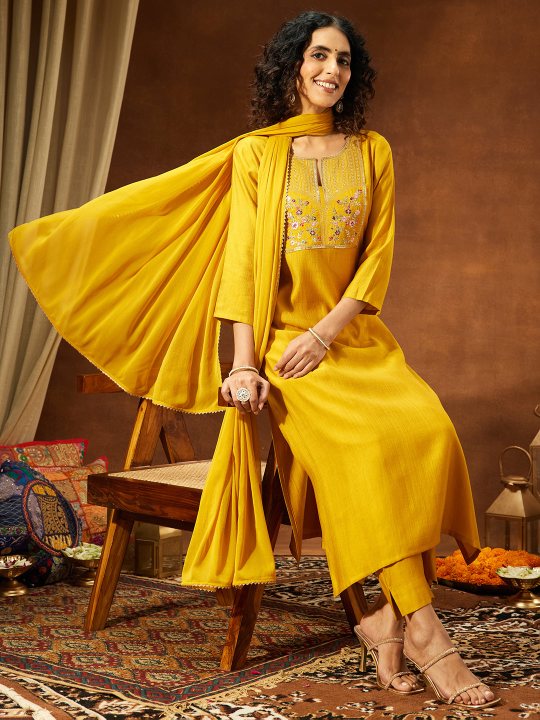 Ninnique Women's Mustard Silk Blend Yoke Embroidered Straight Kurta Set
