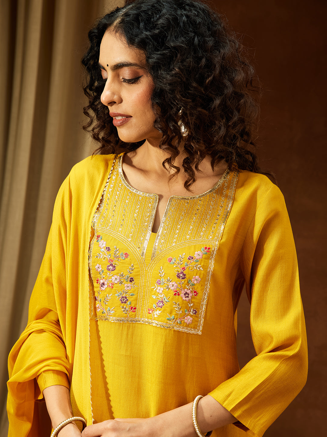 Ninnique Women's Mustard Silk Blend Yoke Embroidered Straight Kurta Set