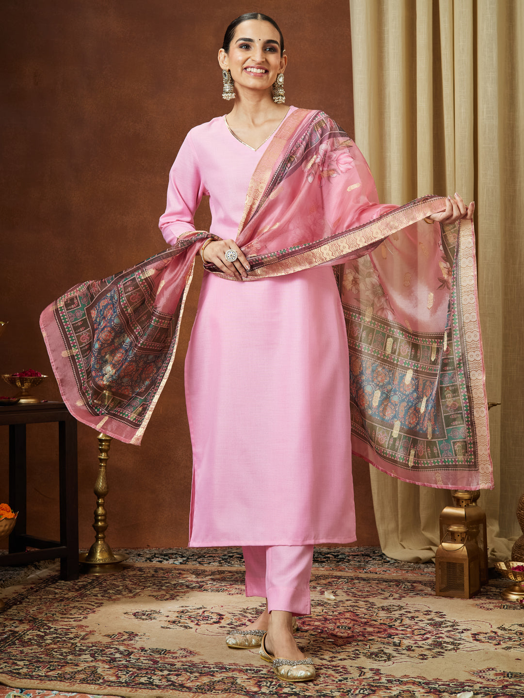 Ninnique Women's Light Pink Cotton Blend Yoke Design Straight Kurta Set With Printed Dupatta
