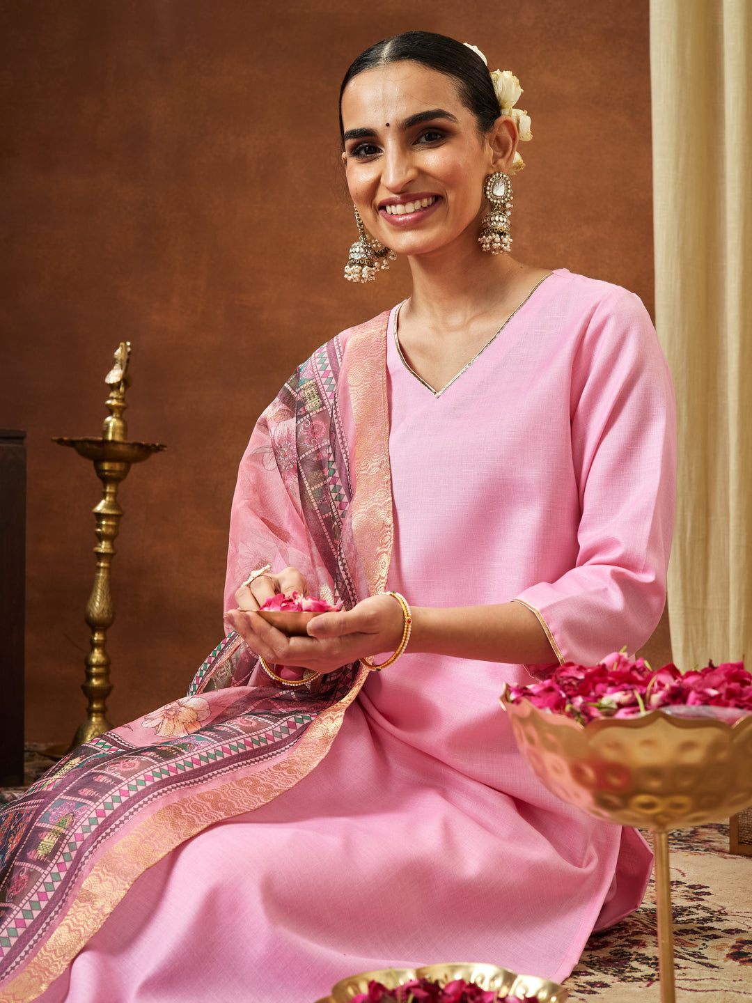Ninnique Women's Light Pink Cotton Blend Yoke Design Straight Kurta Set With Printed Dupatta