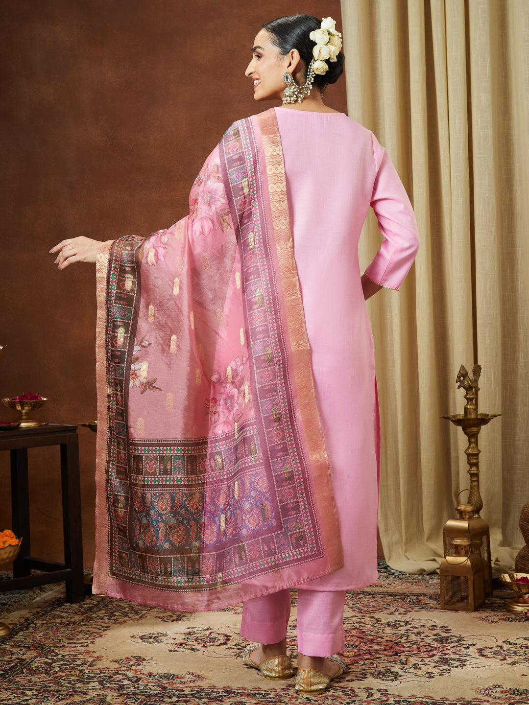 Ninnique Women's Light Pink Cotton Blend Yoke Design Straight Kurta Set With Printed Dupatta