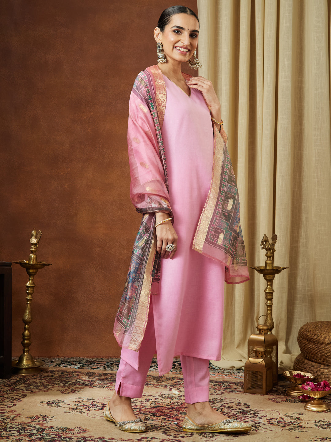 Ninnique Women's Light Pink Cotton Blend Yoke Design Straight Kurta Set With Printed Dupatta