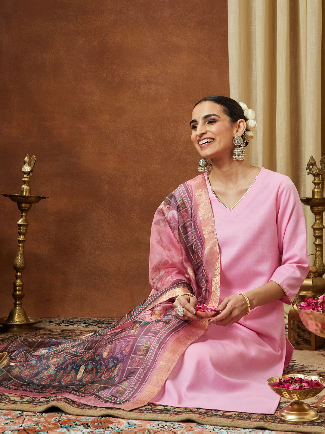 Ninnique Women's Light Pink Cotton Blend Yoke Design Straight Kurta Set With Printed Dupatta