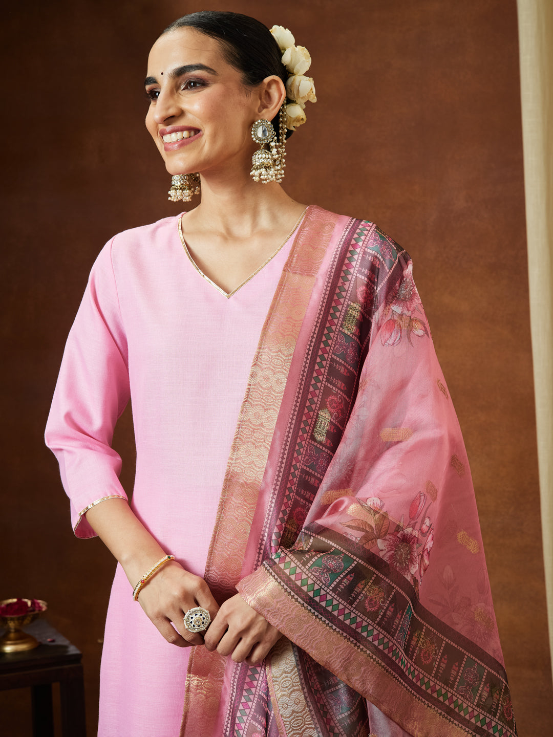 Ninnique Women's Light Pink Cotton Blend Yoke Design Straight Kurta Set With Printed Dupatta