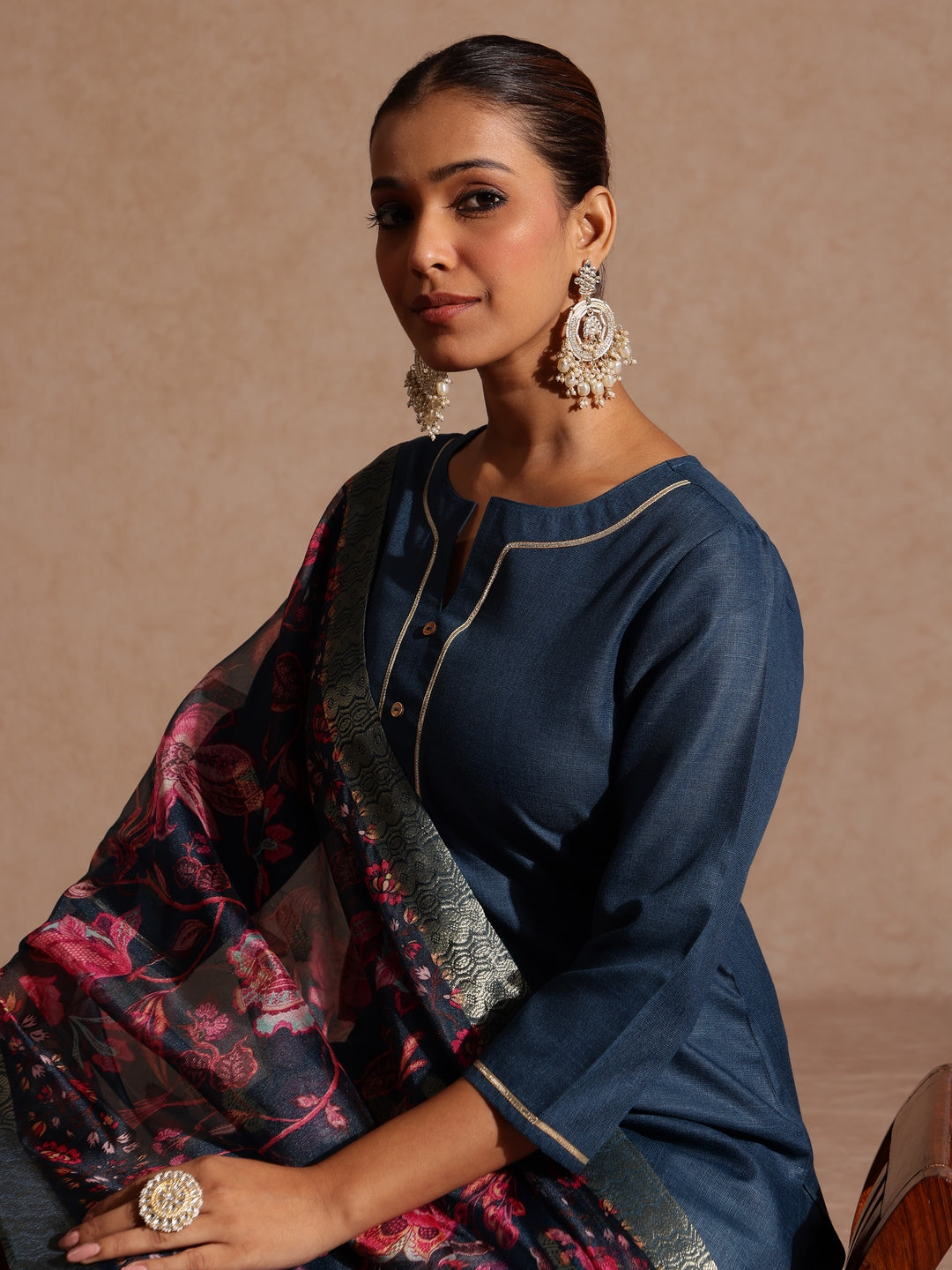 Ninnique Women's Teal Blue Cotton Blend Yoke Design Straight Kurta Set With Printed Dupatta