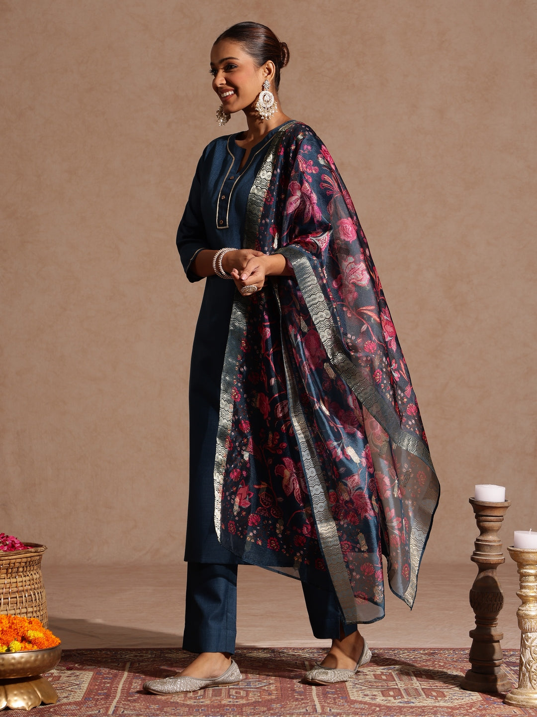 Ninnique Women's Teal Blue Cotton Blend Yoke Design Straight Kurta Set With Printed Dupatta