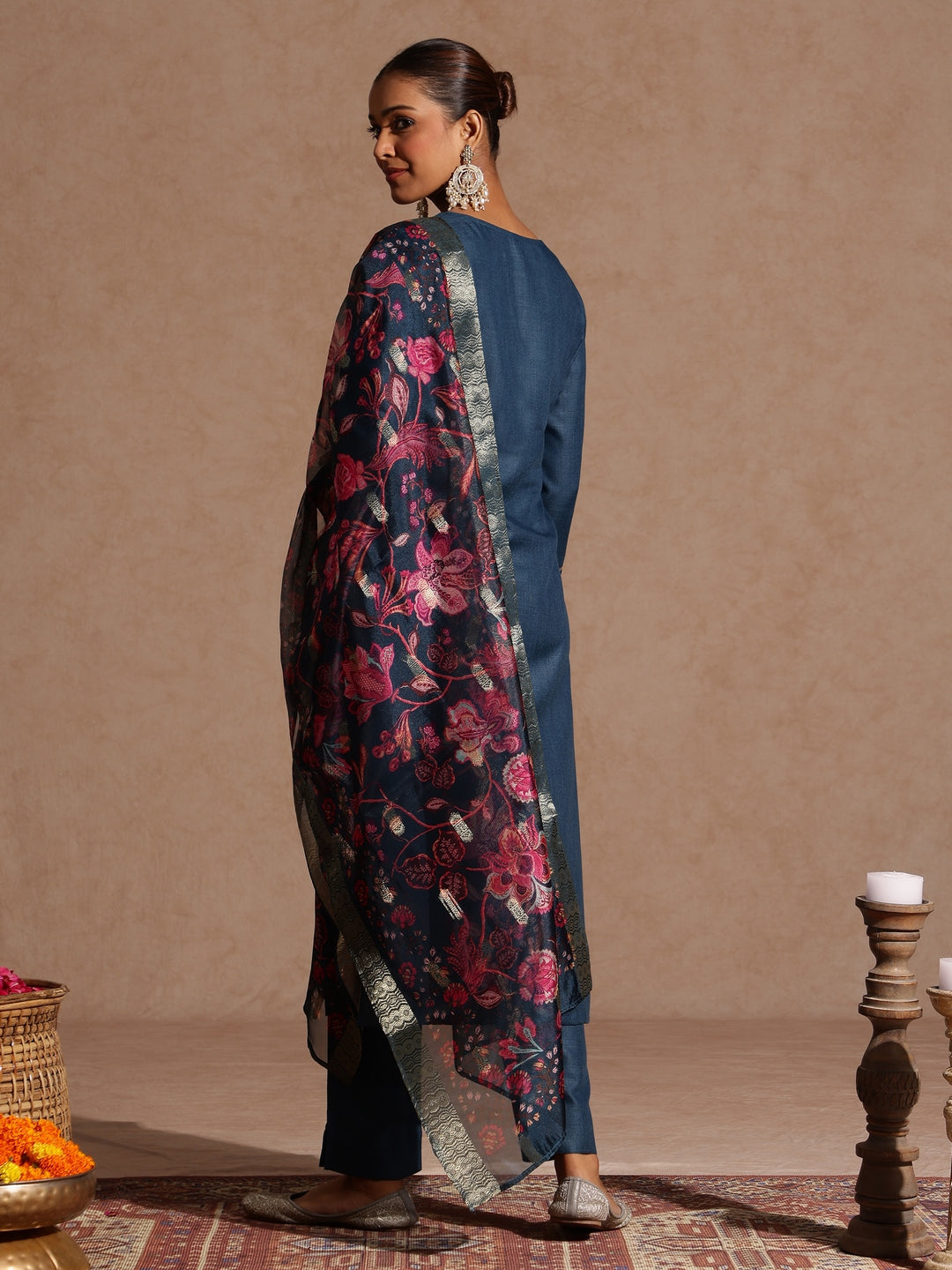 Ninnique Women's Teal Blue Cotton Blend Yoke Design Straight Kurta Set With Printed Dupatta