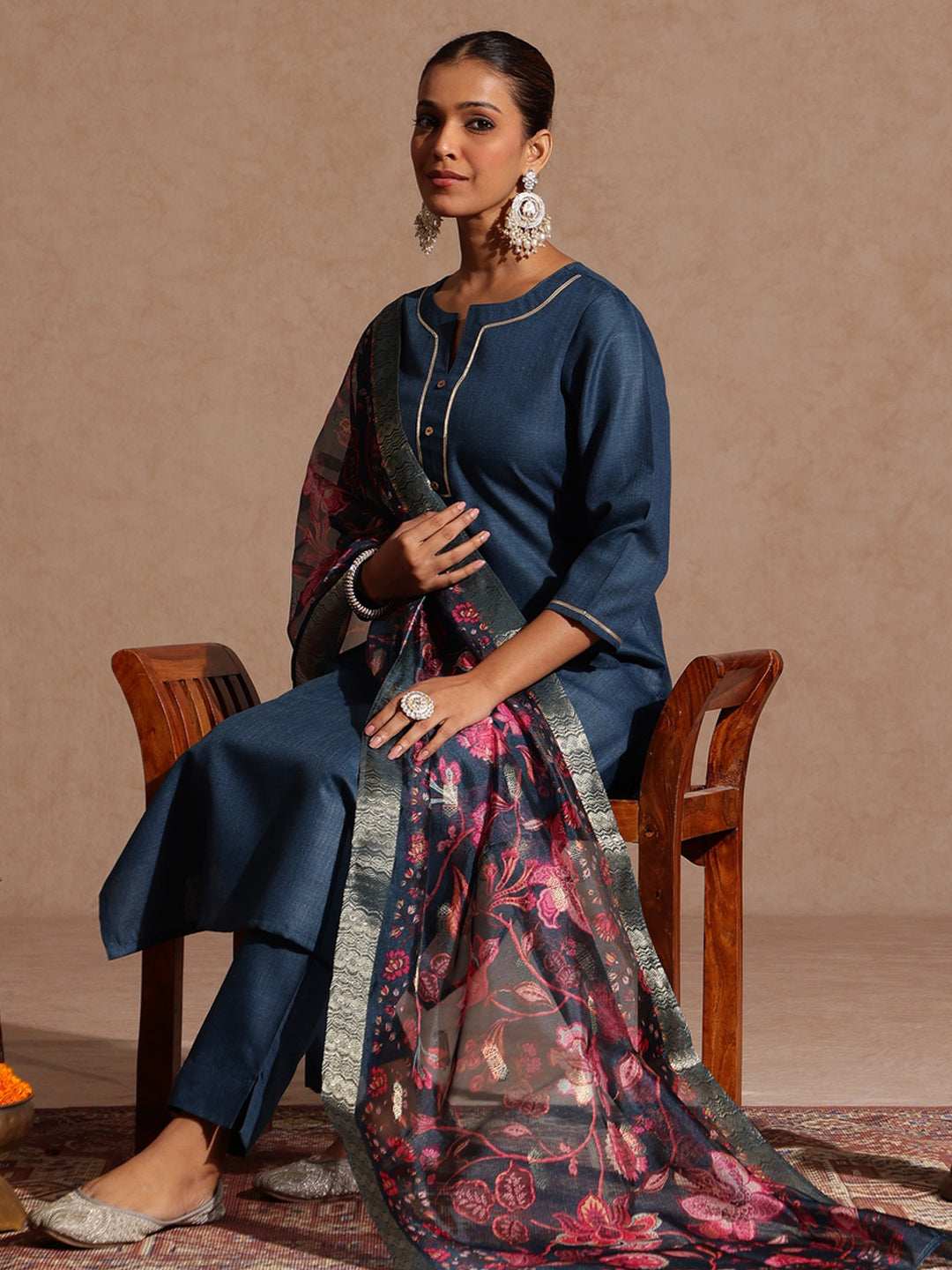 Ninnique Women's Teal Blue Cotton Blend Yoke Design Straight Kurta Set With Printed Dupatta