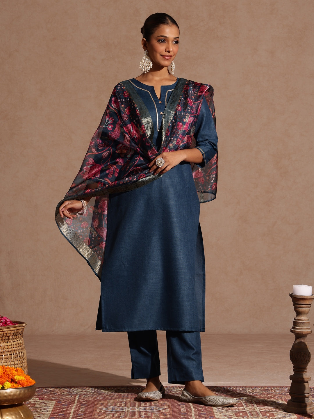 Ninnique Women's Teal Blue Cotton Blend Yoke Design Straight Kurta Set With Printed Dupatta