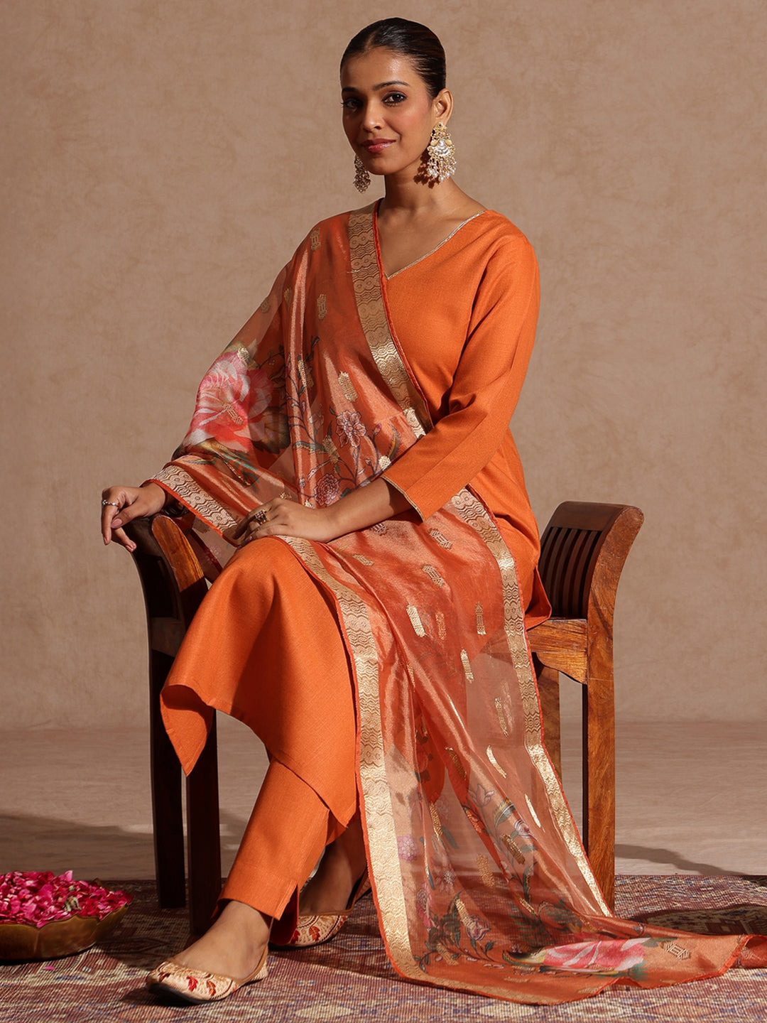 Ninnique Women's Orange Cotton Blend Yoke Design Straight Kurta Set With Printed Dupatta