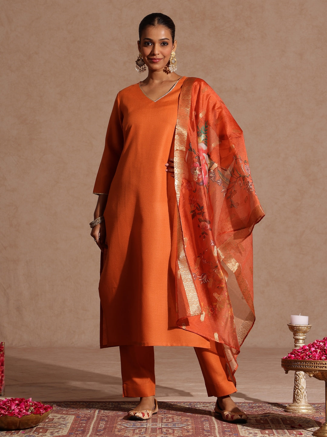 Ninnique Women's Orange Cotton Blend Yoke Design Straight Kurta Set With Printed Dupatta