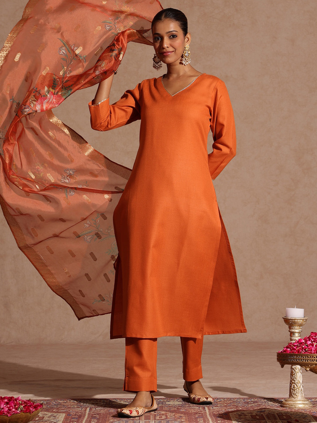Ninnique Women's Orange Cotton Blend Yoke Design Straight Kurta Set With Printed Dupatta