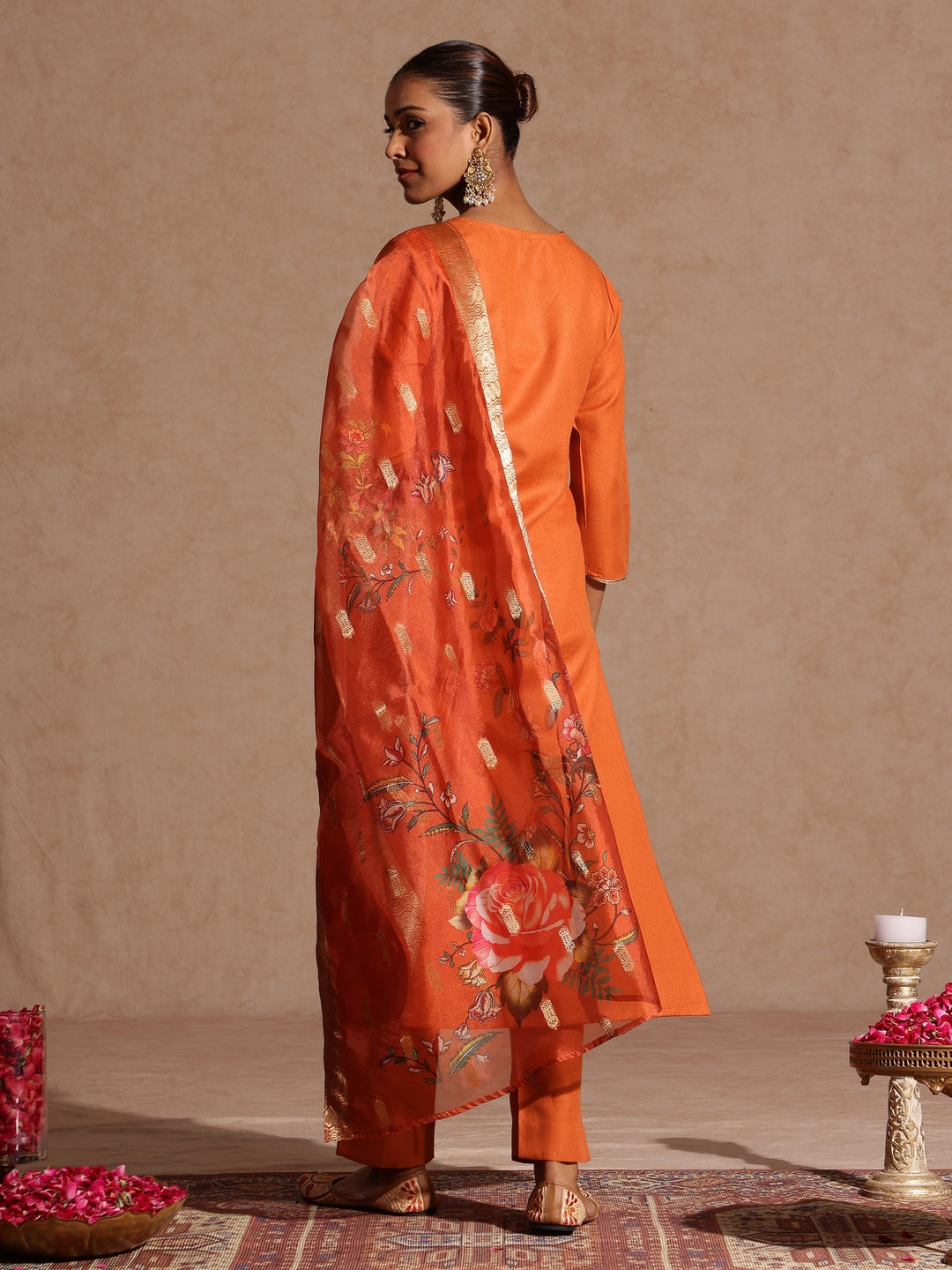 Ninnique Women's Orange Cotton Blend Yoke Design Straight Kurta Set With Printed Dupatta