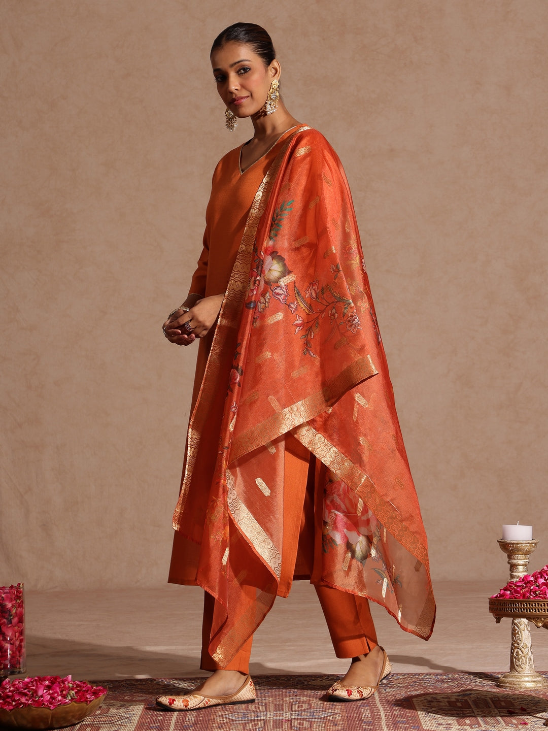 Ninnique Women's Orange Cotton Blend Yoke Design Straight Kurta Set With Printed Dupatta