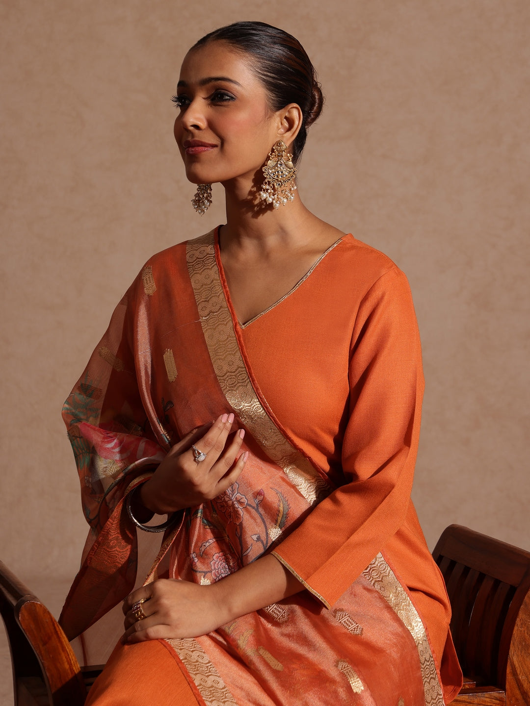 Ninnique Women's Orange Cotton Blend Yoke Design Straight Kurta Set With Printed Dupatta