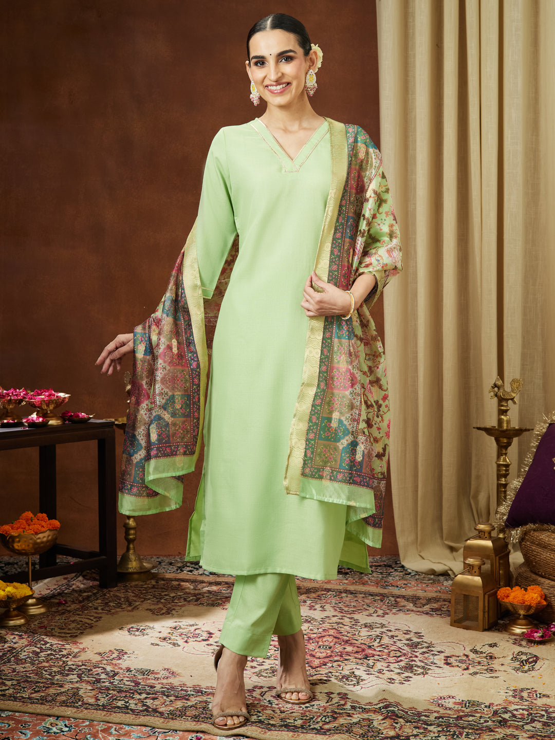 Ninnique Women's Mint Green Cotton Blend Yoke Design Straight Kurta Set With Printed Jacquard Dupatta