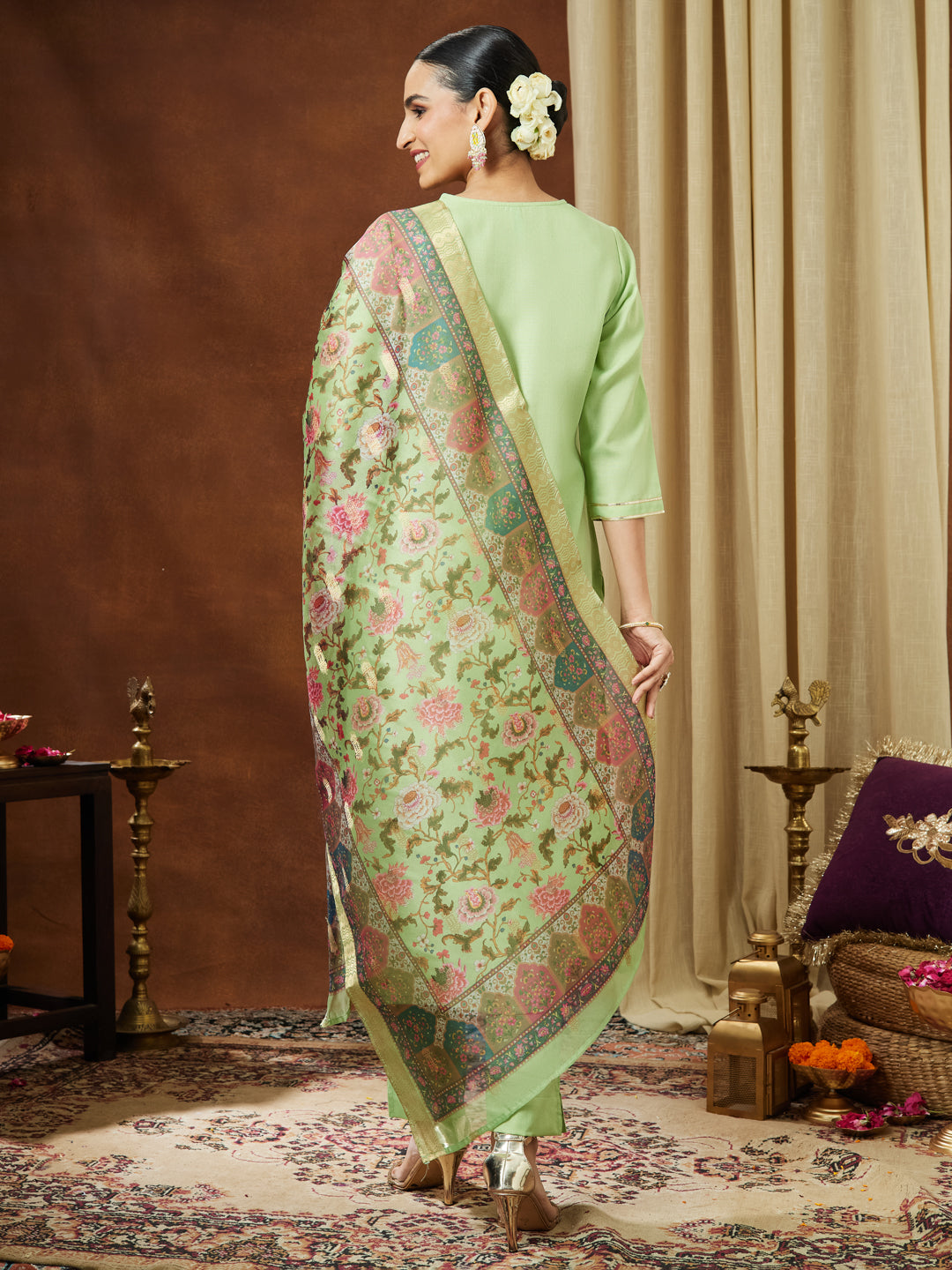 Ninnique Women's Mint Green Cotton Blend Yoke Design Straight Kurta Set With Printed Jacquard Dupatta