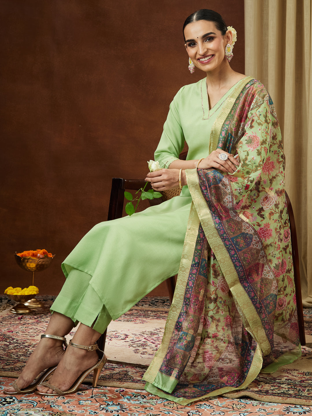 Ninnique Women's Mint Green Cotton Blend Yoke Design Straight Kurta Set With Printed Jacquard Dupatta