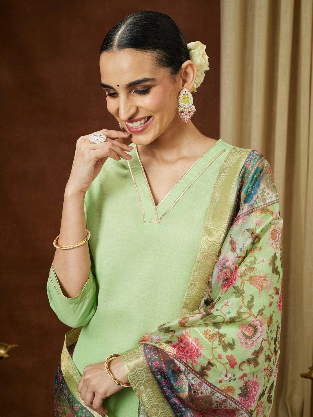 Ninnique Women's Mint Green Cotton Blend Yoke Design Straight Kurta Set With Printed Jacquard Dupatta
