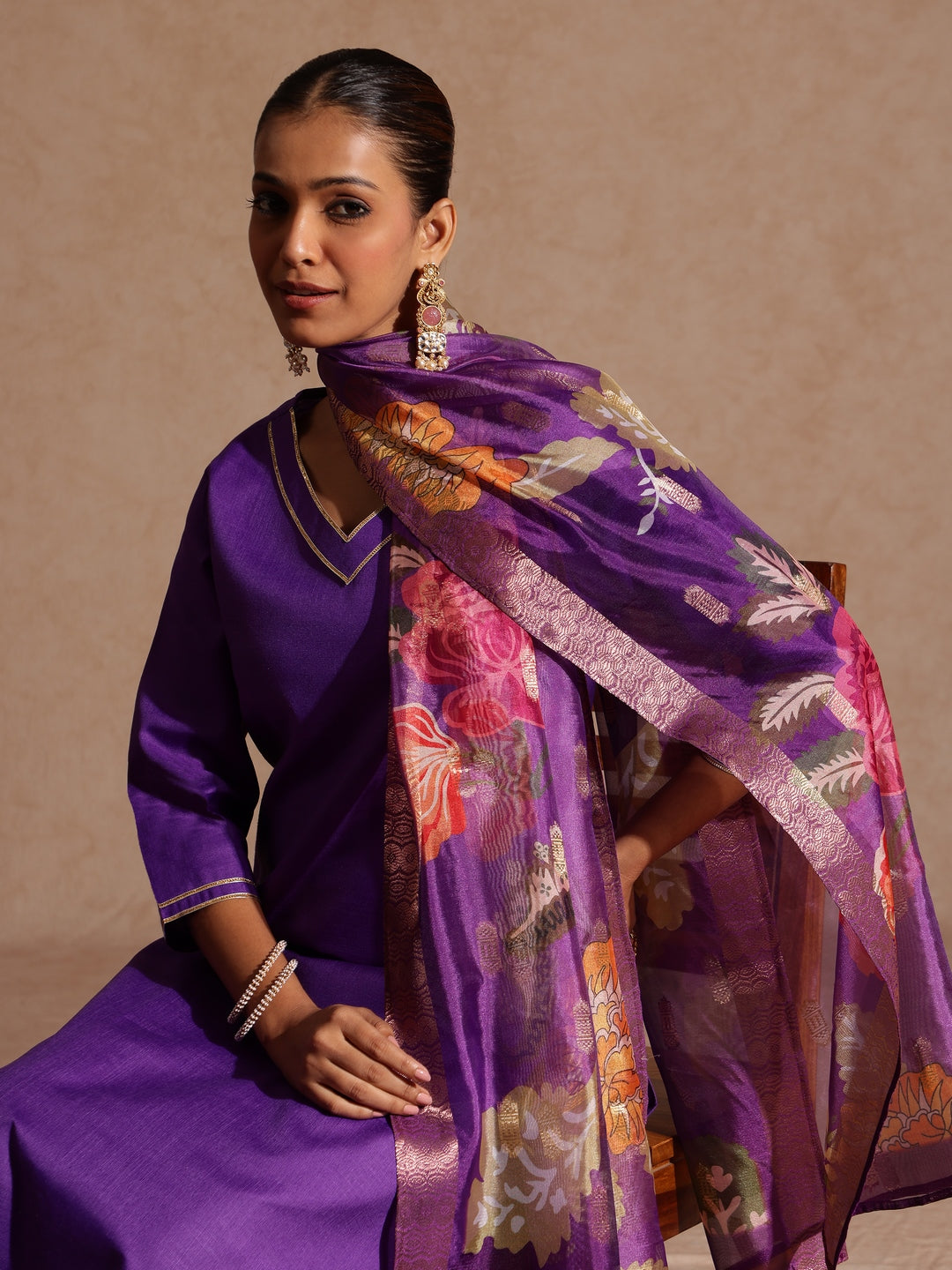 Ninnique Women's Purple Cotton Blend Yoke Design Straight Kurta Set With Printed Jacquard Dupatta