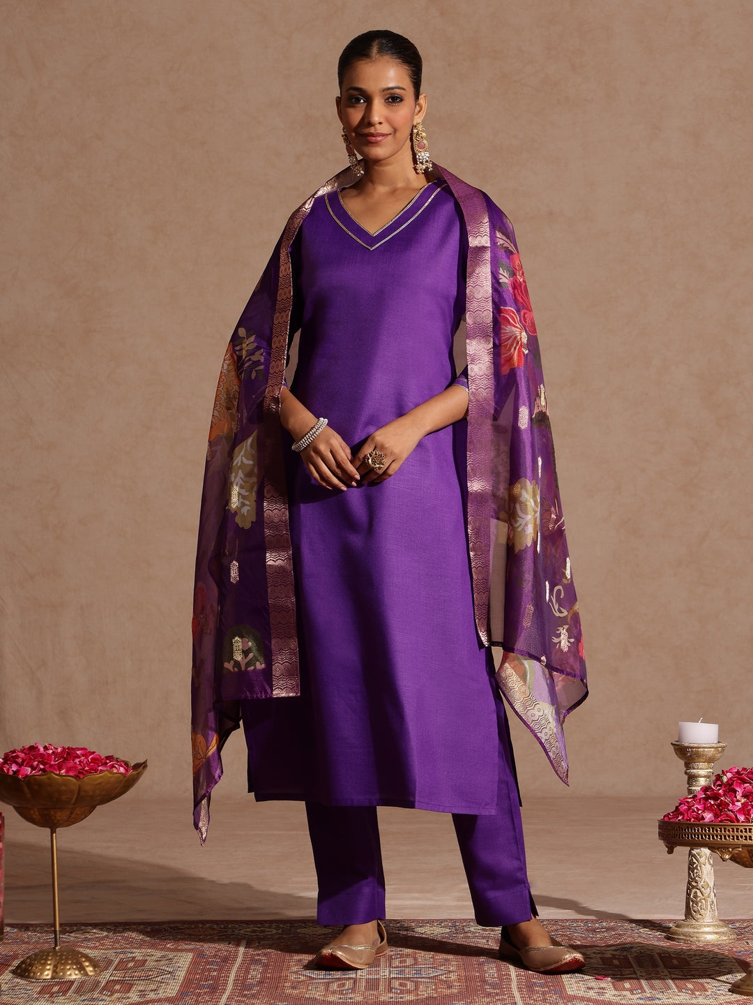 Ninnique Women's Purple Cotton Blend Yoke Design Straight Kurta Set With Printed Jacquard Dupatta