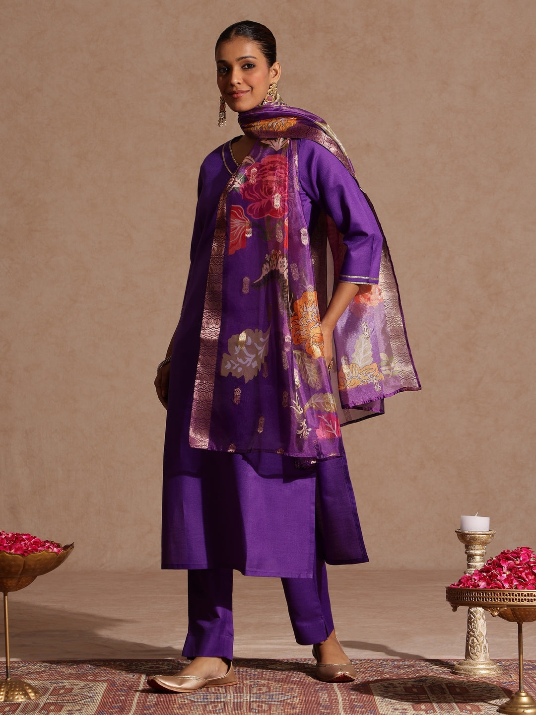 Ninnique Women's Purple Cotton Blend Yoke Design Straight Kurta Set With Printed Jacquard Dupatta