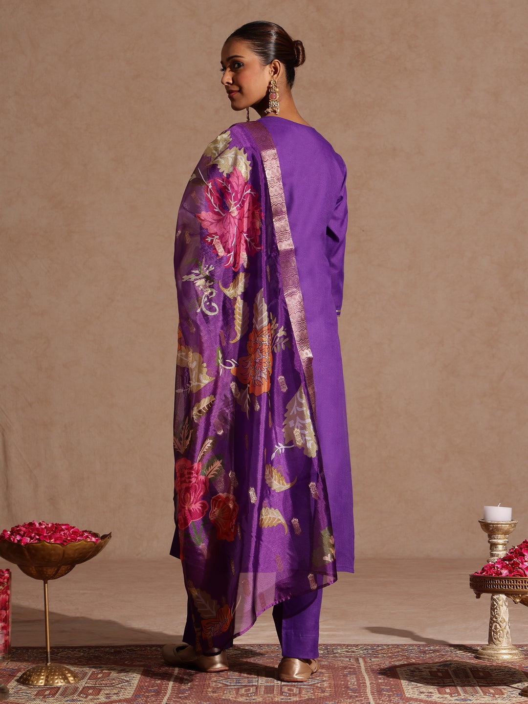 Ninnique Women's Purple Cotton Blend Yoke Design Straight Kurta Set With Printed Jacquard Dupatta