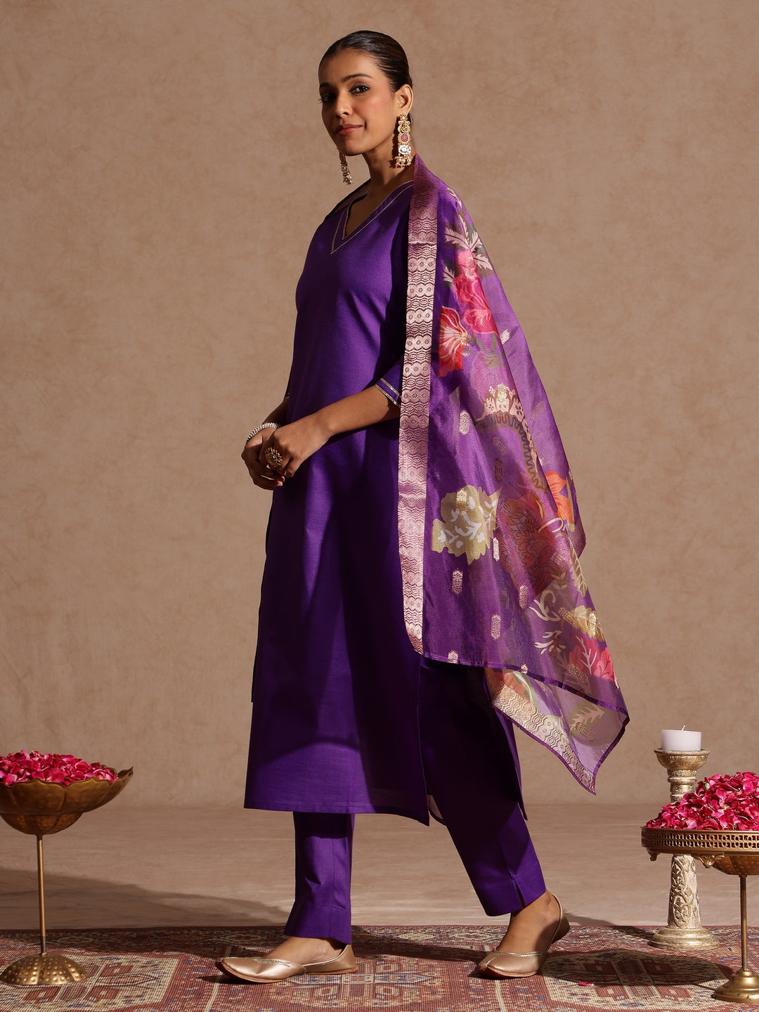Ninnique Women's Purple Cotton Blend Yoke Design Straight Kurta Set With Printed Jacquard Dupatta