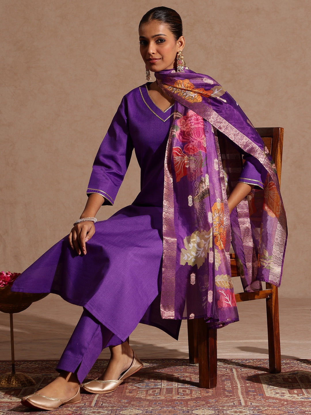 Ninnique Women's Purple Cotton Blend Yoke Design Straight Kurta Set With Printed Jacquard Dupatta
