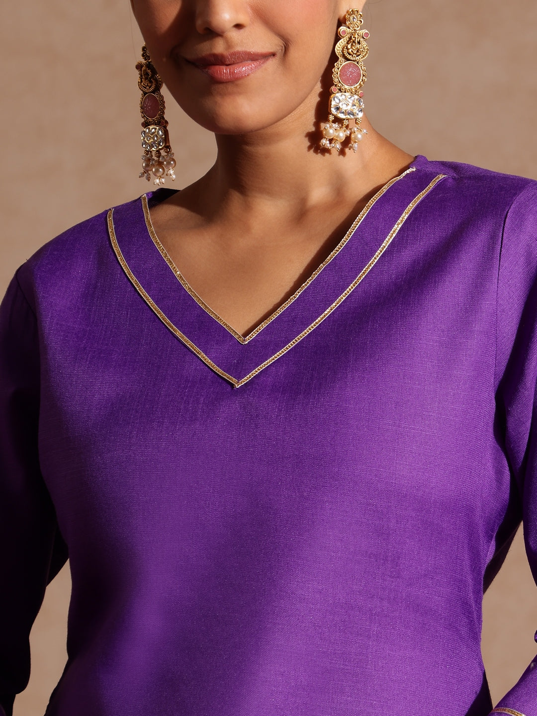 Ninnique Women's Purple Cotton Blend Yoke Design Straight Kurta Set With Printed Jacquard Dupatta