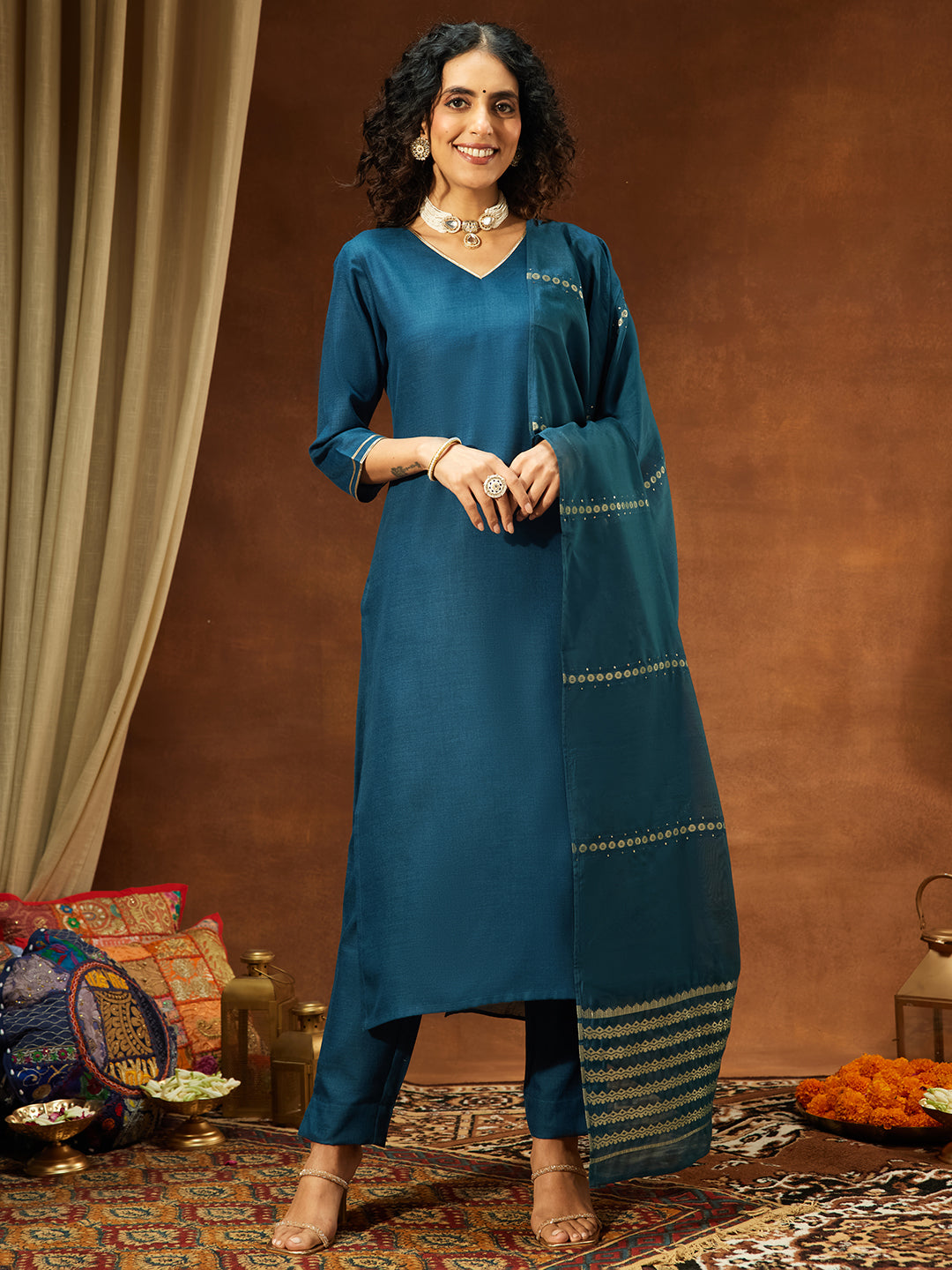 Ninnique Women's Teal Blue Cotton Blend Yoke Design Straight Kurta Set