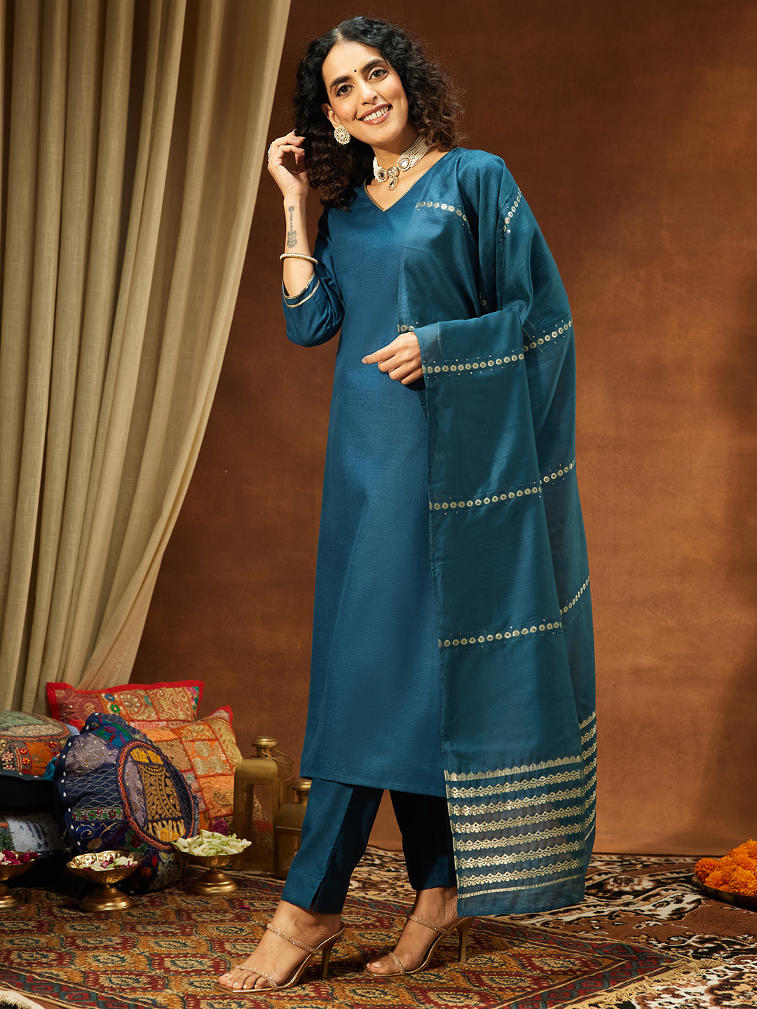 Ninnique Women's Teal Blue Cotton Blend Yoke Design Straight Kurta Set