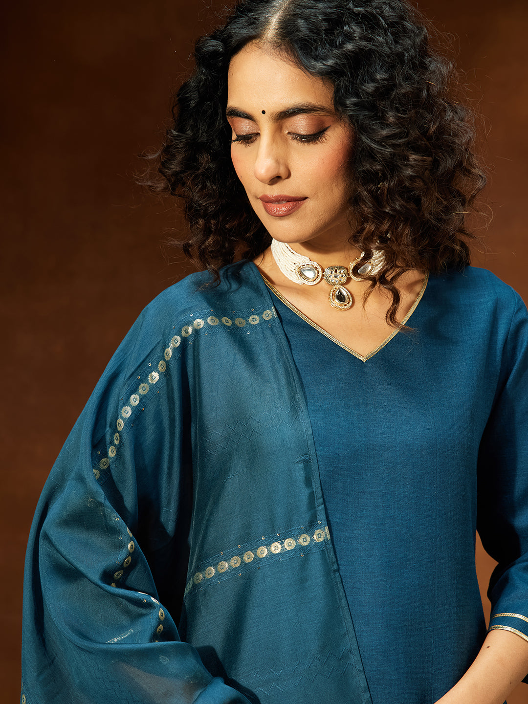 Ninnique Women's Teal Blue Cotton Blend Yoke Design Straight Kurta Set