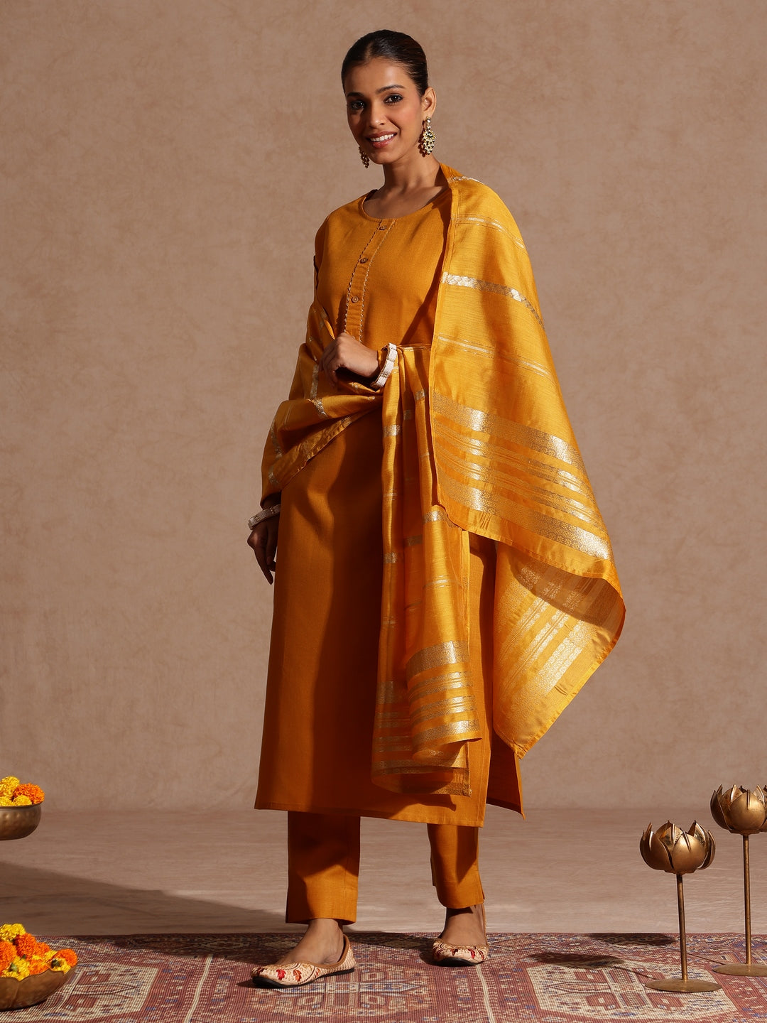 Ninnique Women's Mustard Cotton Blend Yoke Design Straight Kurta Set