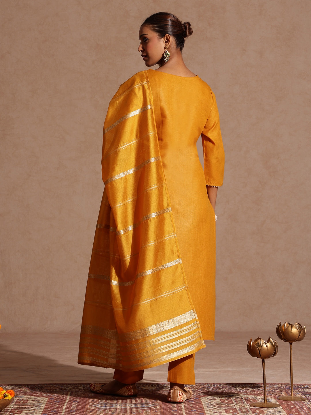 Ninnique Women's Mustard Cotton Blend Yoke Design Straight Kurta Set