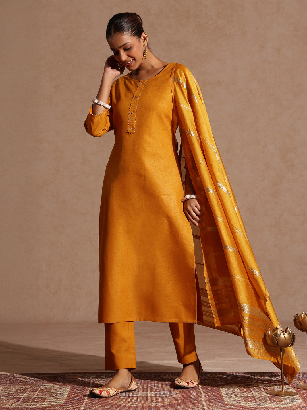 Ninnique Women's Mustard Cotton Blend Yoke Design Straight Kurta Set