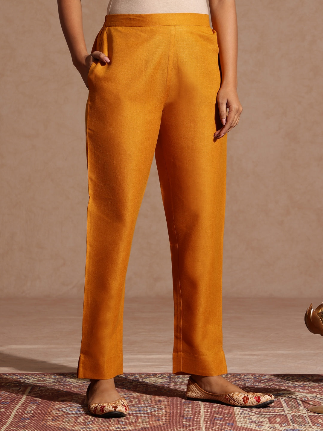 Ninnique Women's Mustard Cotton Blend Yoke Design Straight Kurta Set
