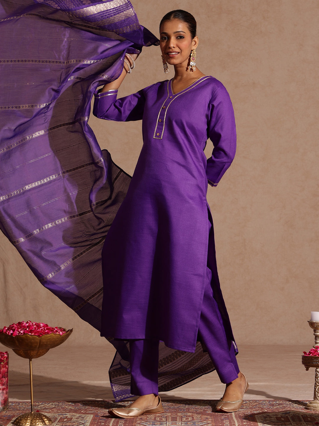 Ninnique Women's Purple Cotton Blend Yoke Design Straight Kurta Set