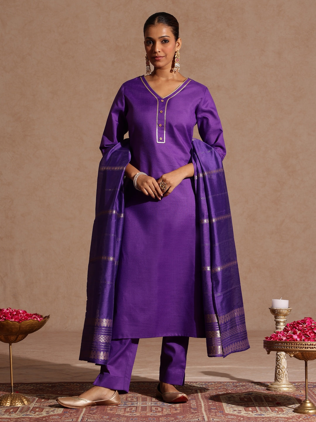 Ninnique Women's Purple Cotton Blend Yoke Design Straight Kurta Set