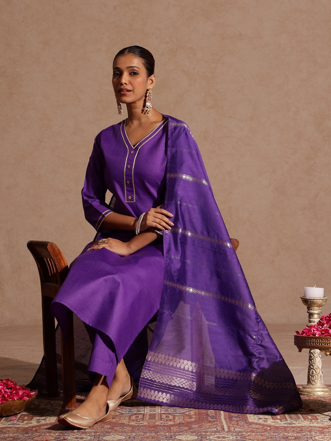 Ninnique Women's Purple Cotton Blend Yoke Design Straight Kurta Set